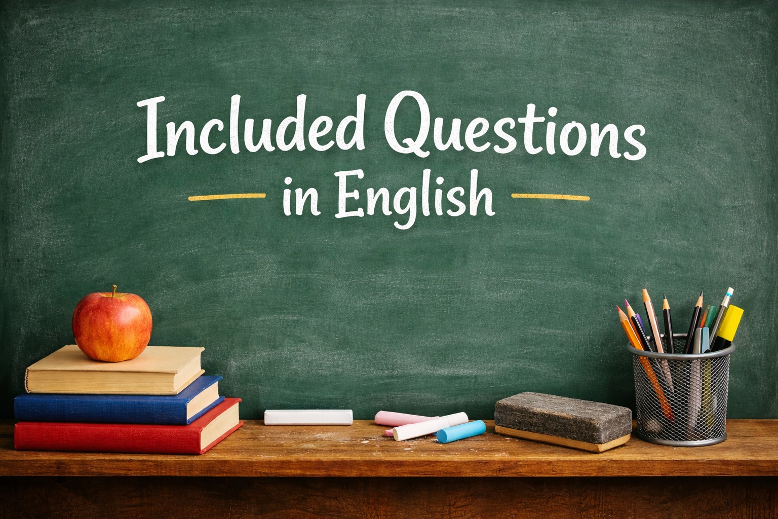 Chalkboard-style image with the text “Included Questions in English” in white chalk, with books, an apple, and school supplies on a wooden desk below.