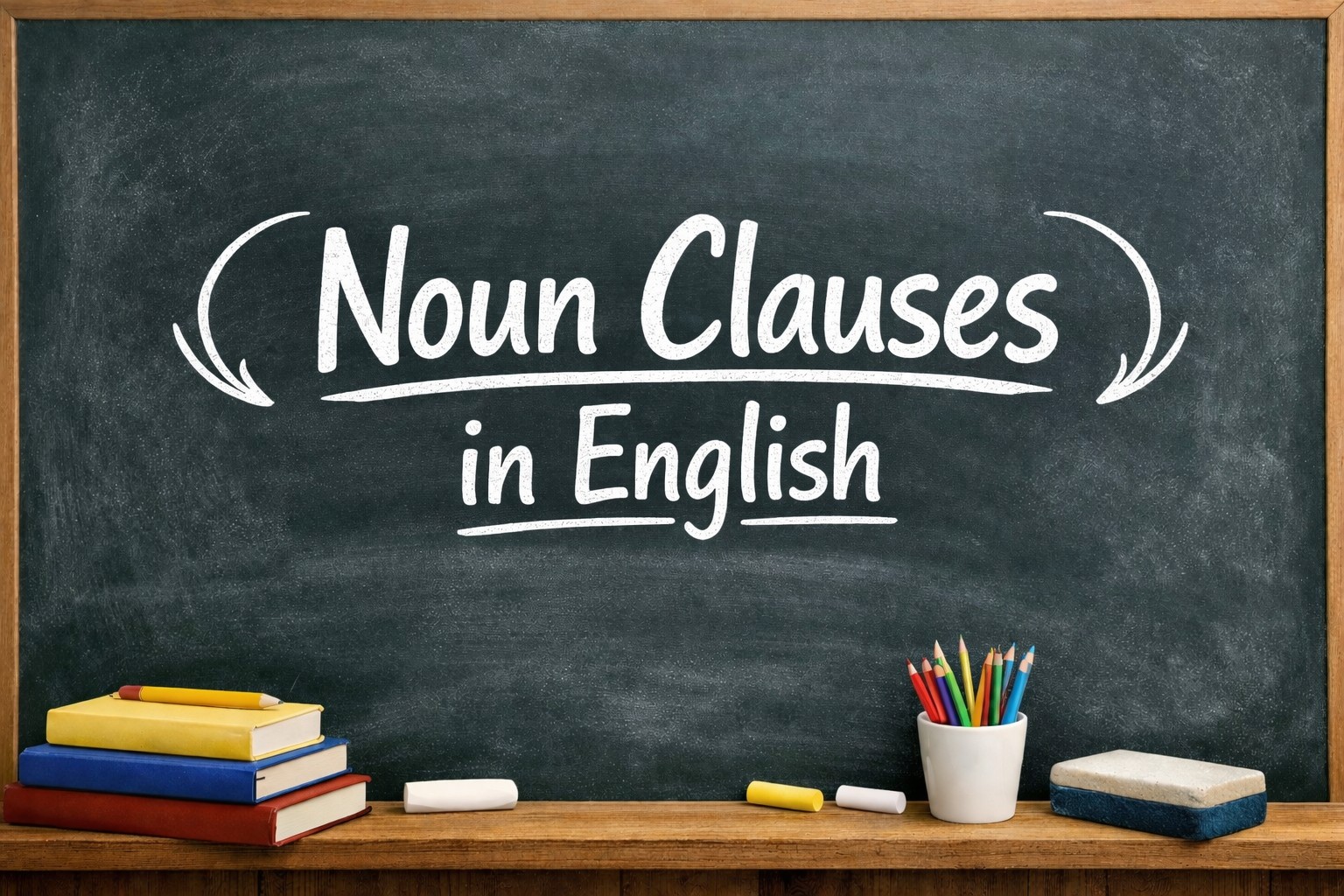 Chalkboard-style featured image displaying the title “Noun Clauses in English” in white chalk lettering on a green classroom chalkboard, with books, pencils, chalk, and an eraser arranged along the wooden tray.