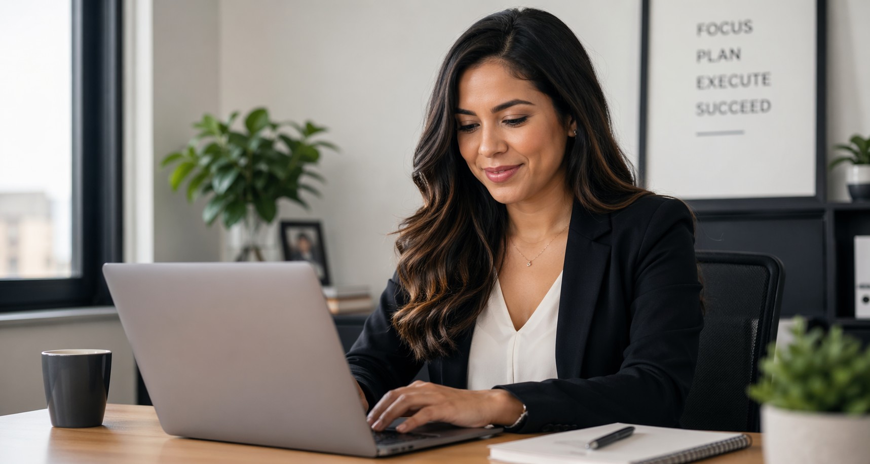 Attractive Hispanic woman in a modern office setting, sitting at a desk and typing an email on a laptop, with natural light and a clean, professional workspace.