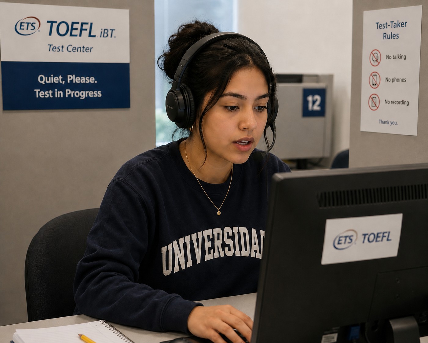 Student wearing headphones and speaking during the TOEFL iBT Listen and Repeat task at a test center